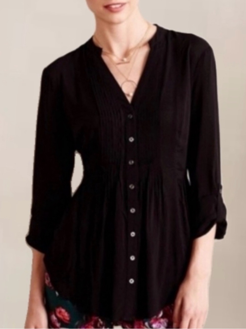 Maeve by anthropology Black Pintuck Button-Front Blouse